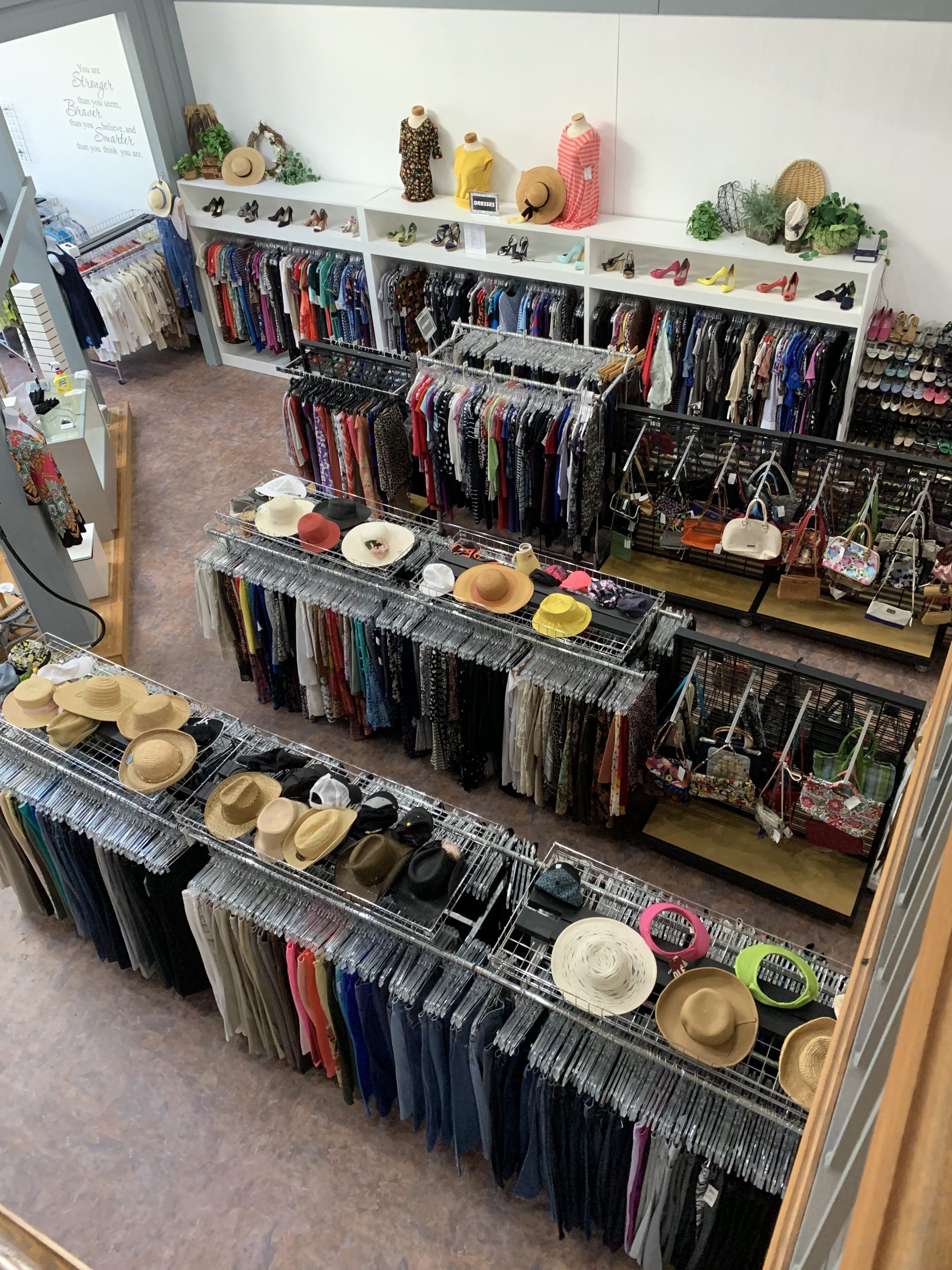 Clothing racks inside the Treasure House Fashions boutique